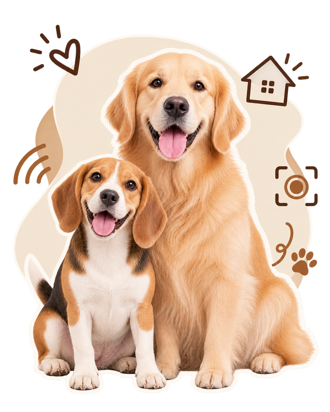Ilustración de un golden retriever y un beagle sentados juntos, tranquilos, en casa