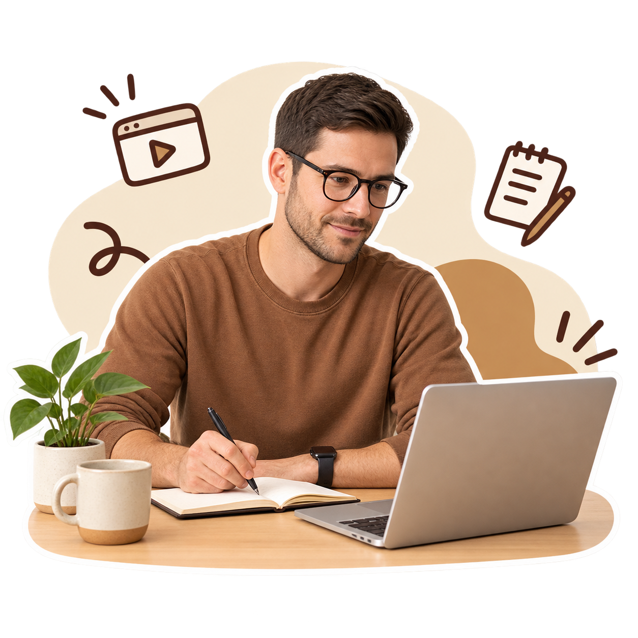 Ilustración de una persona viendo un vídeo en el portátil y tomando notas a mano