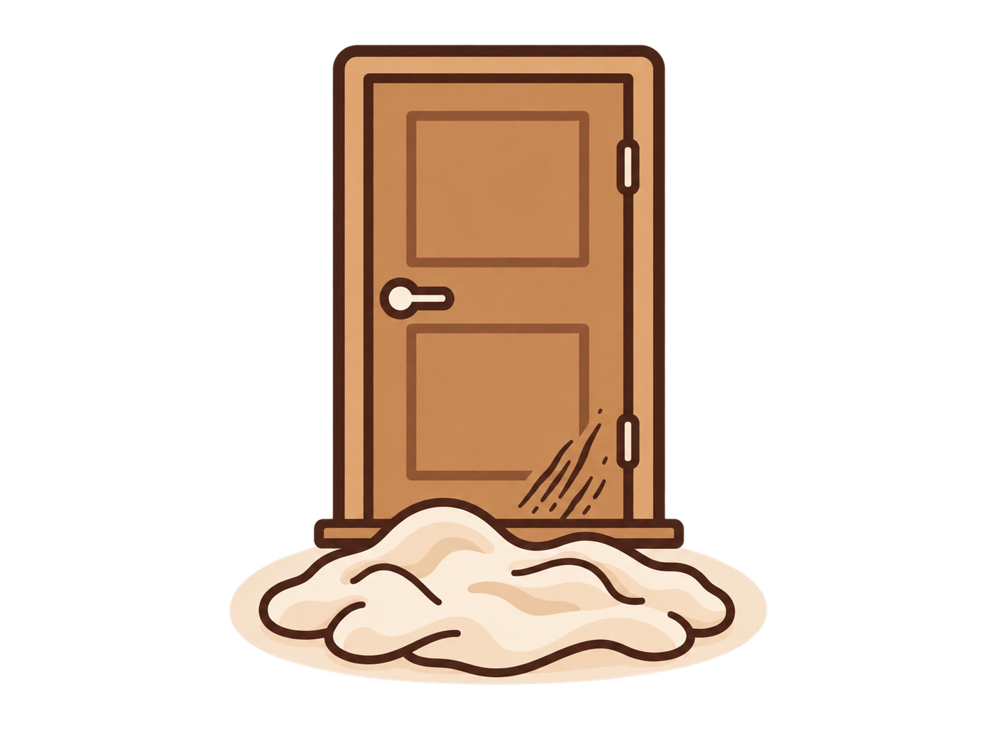 Ilustración de una puerta de piso cerrada con marcas de arañazos y una manta arrugada delante